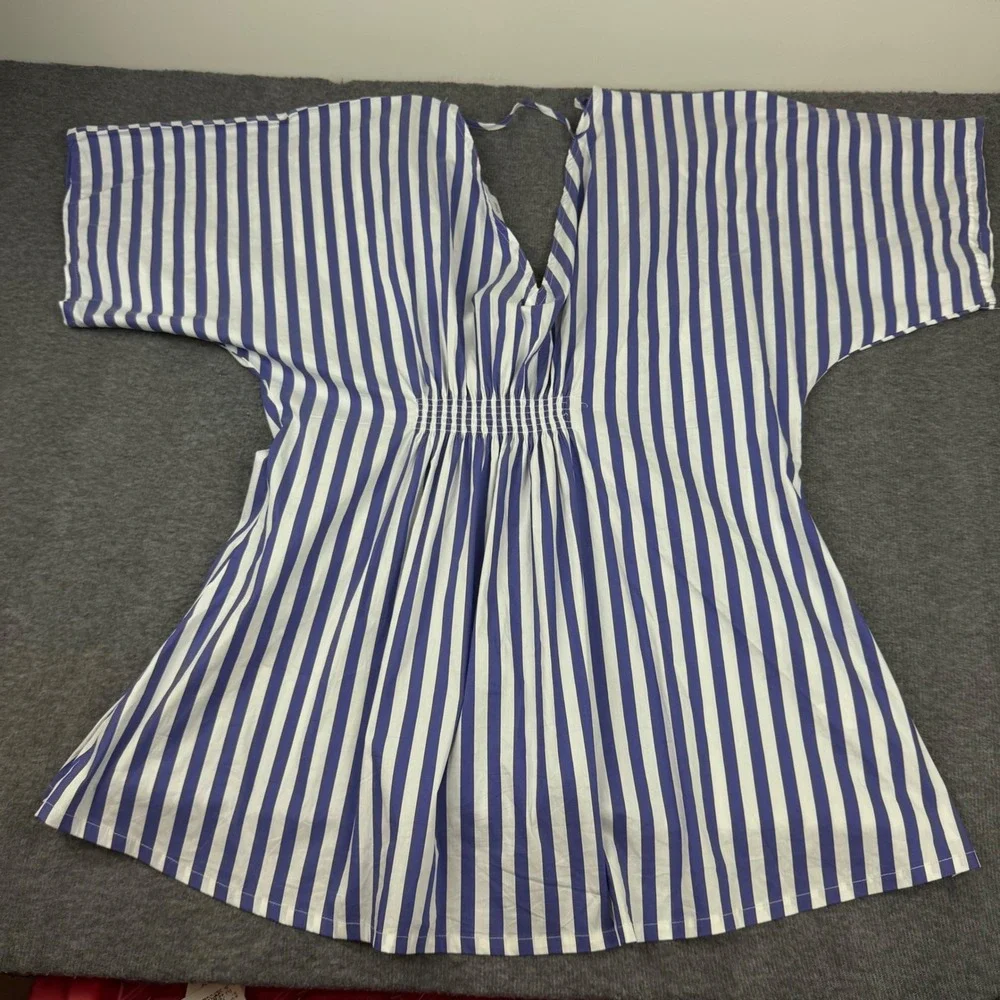 Onia Swim Cover Up Womens L Blue White‎ Striped Smocked Waist V-Neck Mini Dress